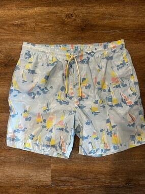 J McLaughlin Men's Light Blue Sailboat-Print Swim Trunks with Drawstring Waist